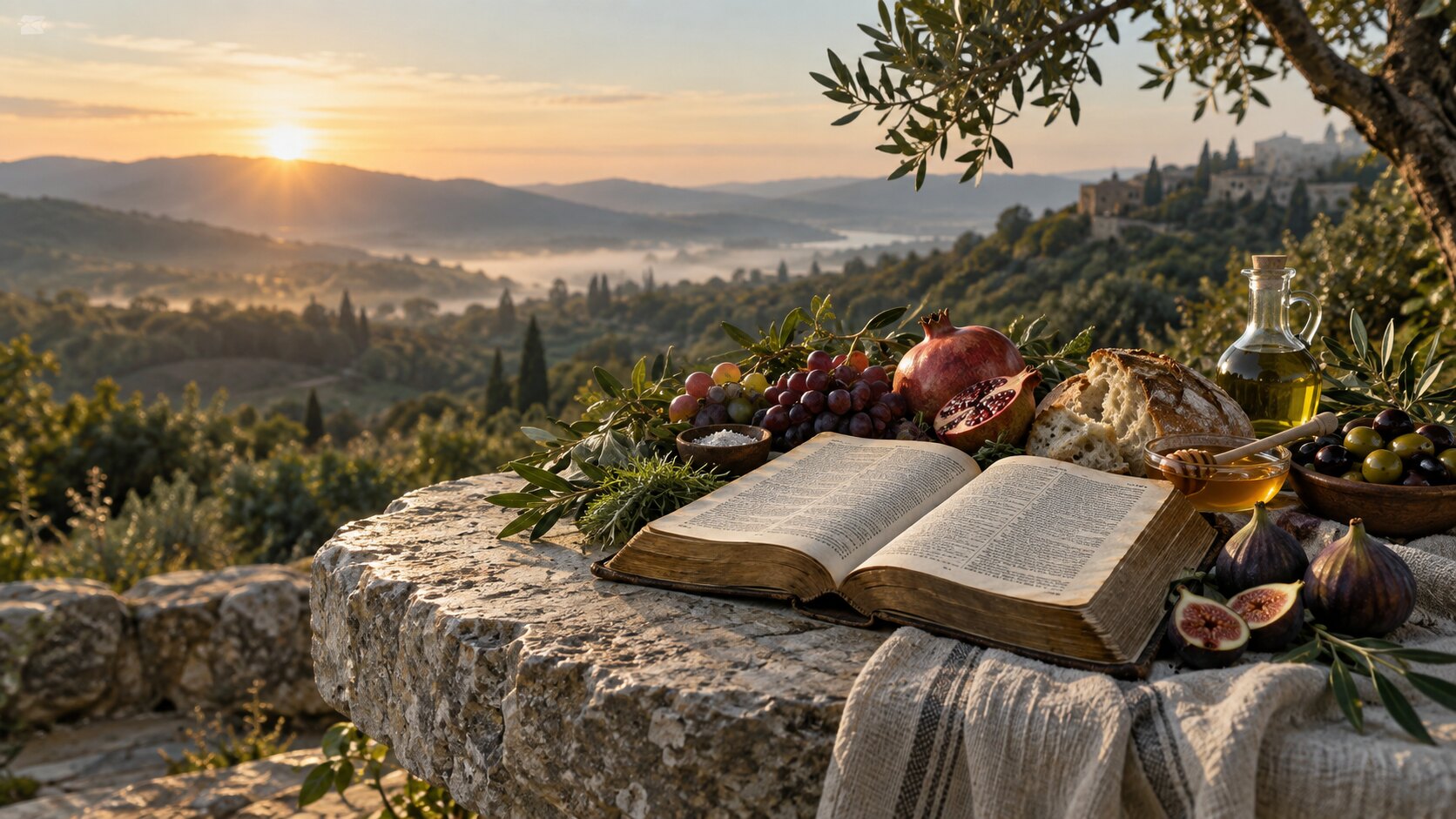 An open Bible beside nourishing whole foods in warm natural light
