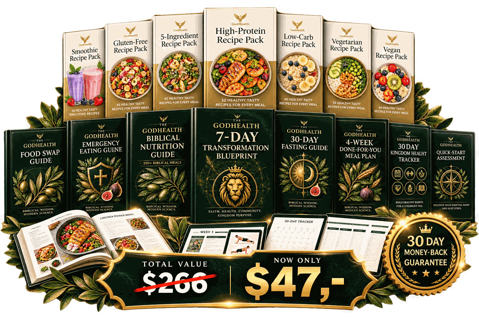 The complete GodHealth Bundle with recipes, biblical guides, trackers and blueprints