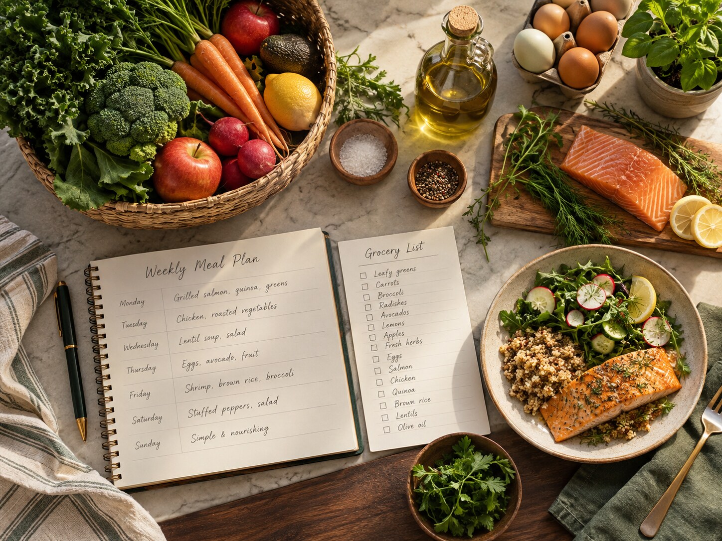 A weekly meal plan, grocery list and God-created foods