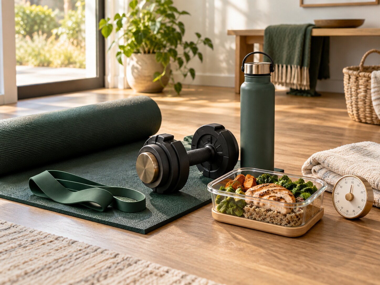 A simple home workout and prepared wholesome meal ready for a busy day