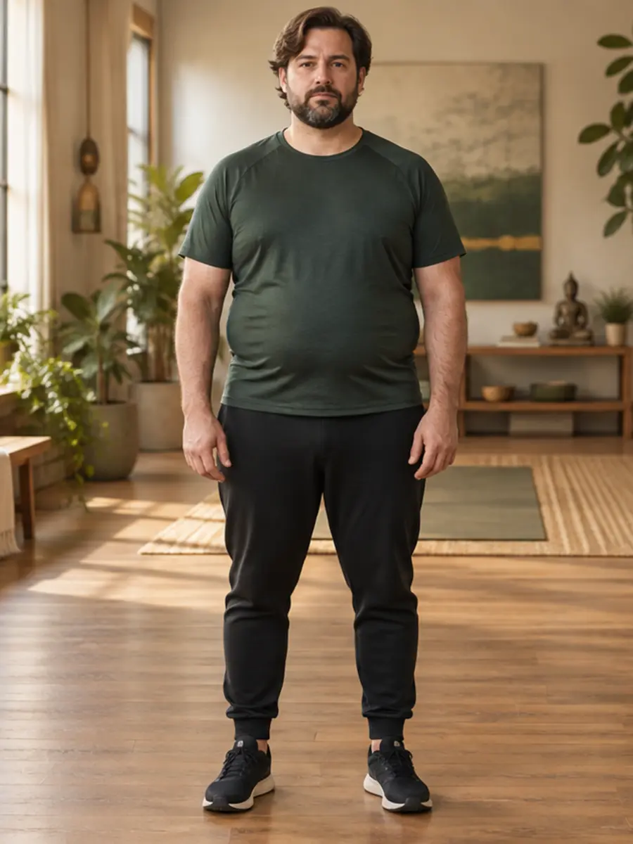 Illustrative before view of a fictional man at the beginning of a health journey