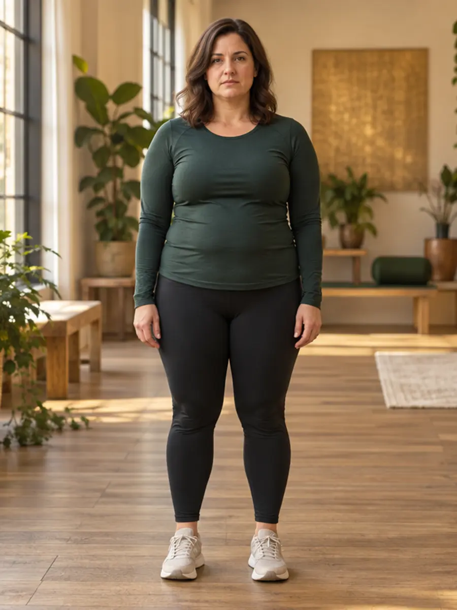 Illustrative before view of a fictional woman at the beginning of a health journey